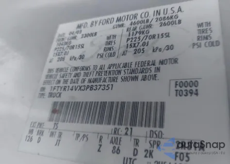 2003 Ford Ranger Edge/Tremor/Xl/Xlt z USA, uszkodzony, nr VIN 1FTYR14VX3PB37351